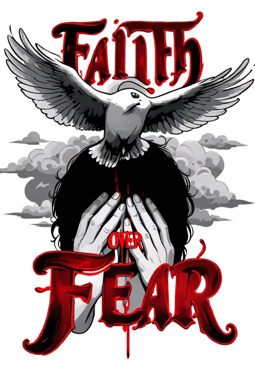 "faith over fear" faith and fear in red ink, flying dove over faith, under fear person covering face with hands peeking, clouds in back tattoo design idea