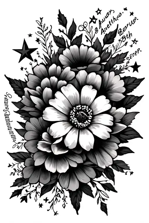 flowers and stars with writing of names, Beth, Arthur and George tattoo design idea