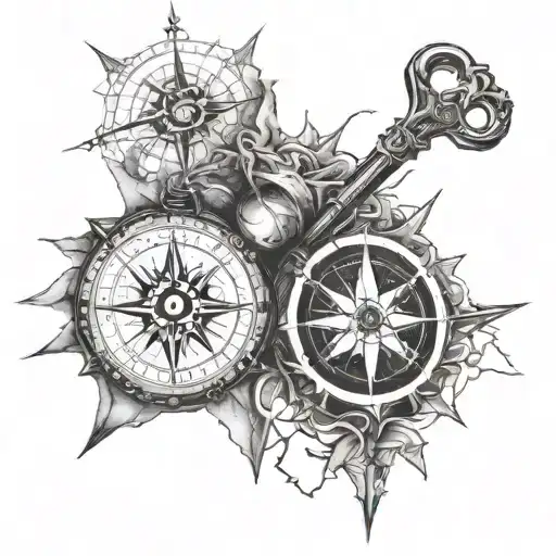 cross and compass with map tattoo design idea