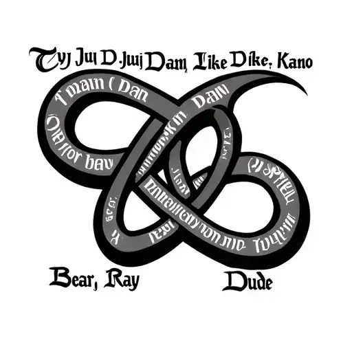 An infinity symbol with the names Ty, Juju, Dan, D-Man, Ike, Kano, Bear, Ray, and Dude in old English lettering making u tattoo design idea