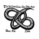 An infinity symbol with the names Ty, Juju, Dan, D-Man, Ike, Kano, Bear, Ray, and Dude in old English lettering making u tattoo design idea