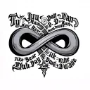 An infinity symbol with the names Ty, Juju, Dan, D-Man, Ike, Kano, Bear, Ray, and Dude in old English lettering making u tattoo design idea