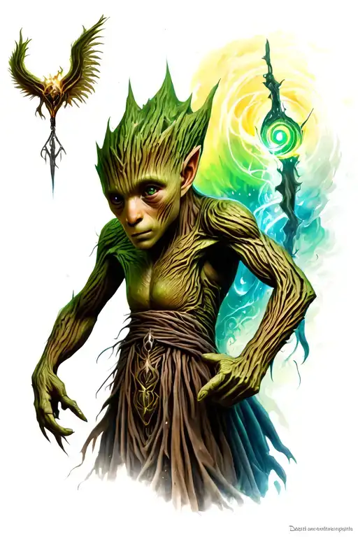elvish, lord of the rings, groot playing tattoo design idea