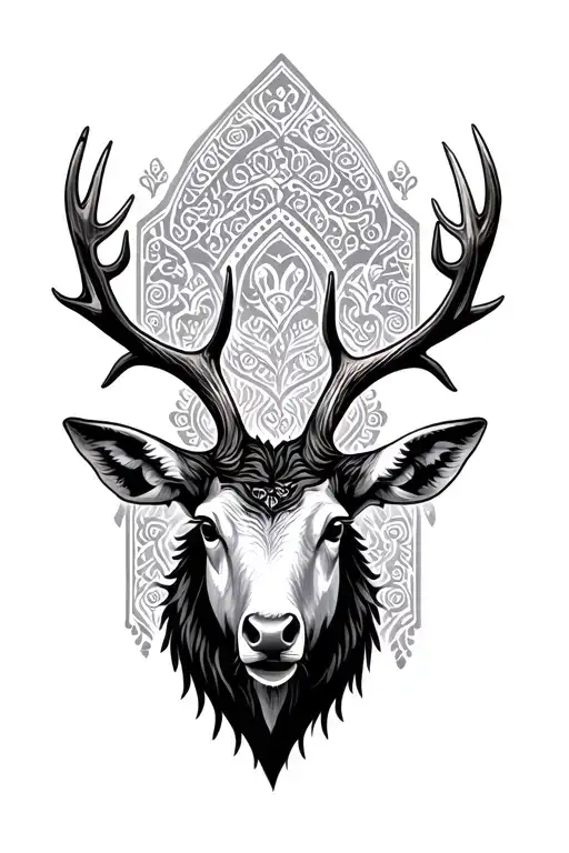 Ukrainian vyshyvanka pattern background with an Irish Elk head tattoo design idea