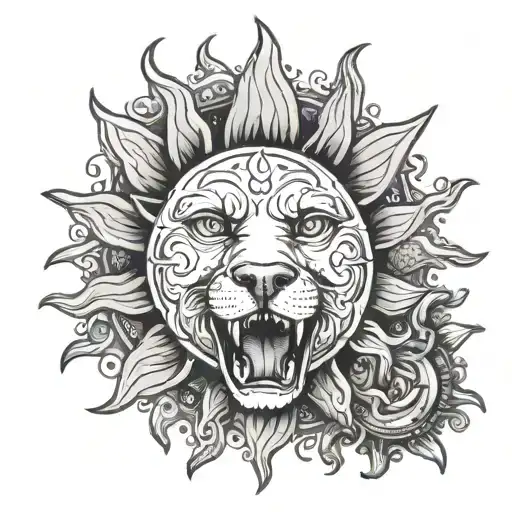 sun with female and childish face dog's mouth tattoo design idea
