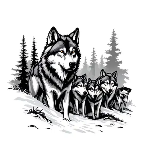 wolf pack in woods tattoo design idea