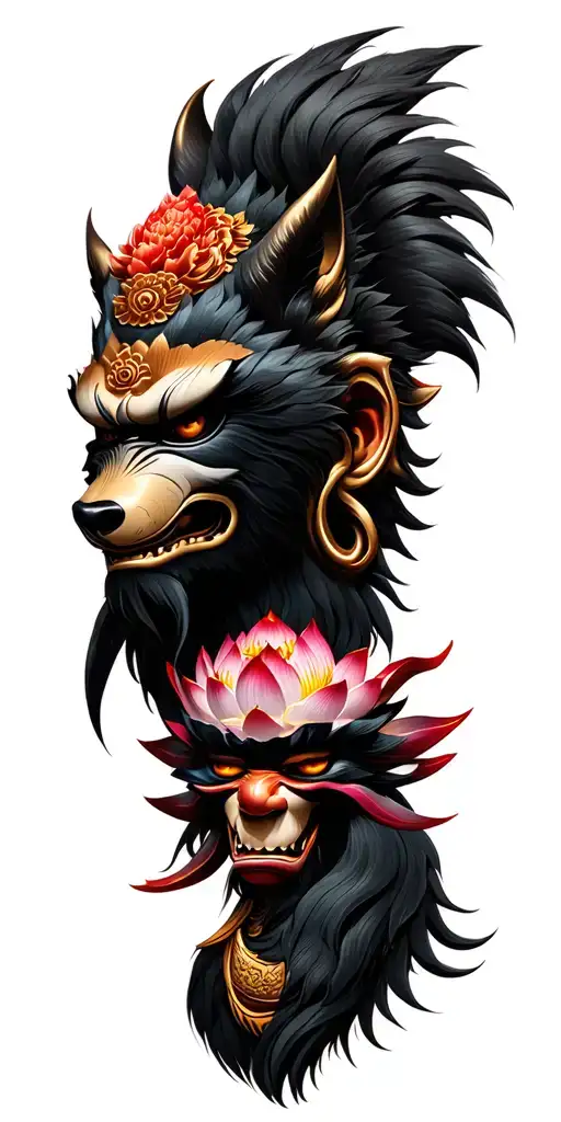 wukong, wolf, buddha, lotus, Japanese demon mask, tattoo design idea