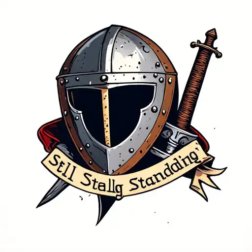Helmet, shield, sword, breastplate, but all scuffed and dented. Maybe with a banner that says “Still Standing tattoo design idea