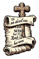 cobblestone cross with writing "the devil can scrap but the Lord has won" in old font on a scroll. tattoo design idea