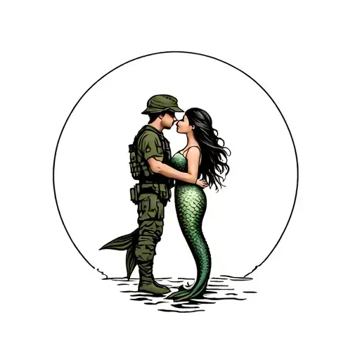 mermaid kissing an army soldier standing tattoo design idea