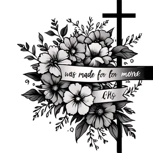 cross with flowers around/on it with the words "I was made for more." tattoo design idea