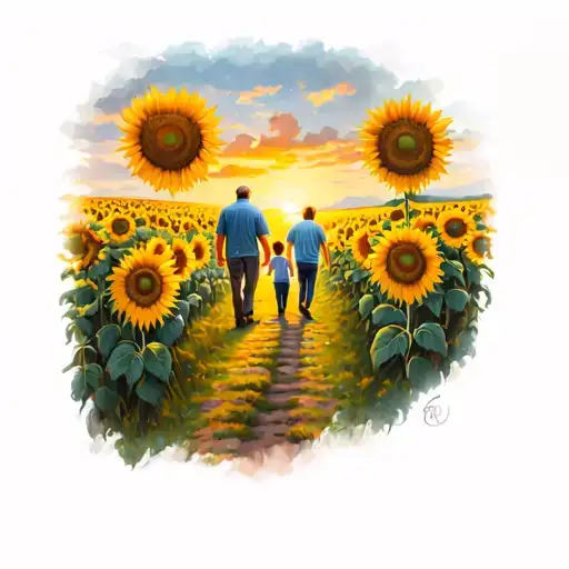 sleeve tattoo of large sunflowers leading into sunflower field with dad and sons walking on path into the sunset  tattoo design idea