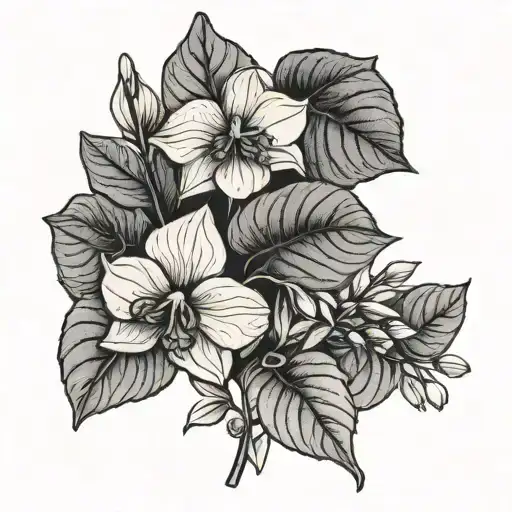 Catalpa leaf flower bouquet tattoo design idea