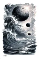 nebula and or planets flowing down into the waves of the sea tattoo design idea