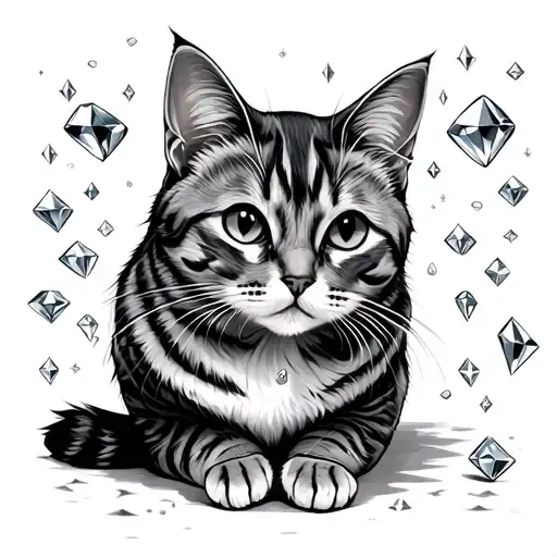 cat sitting with diamonds and sparkles scattered tattoo design idea