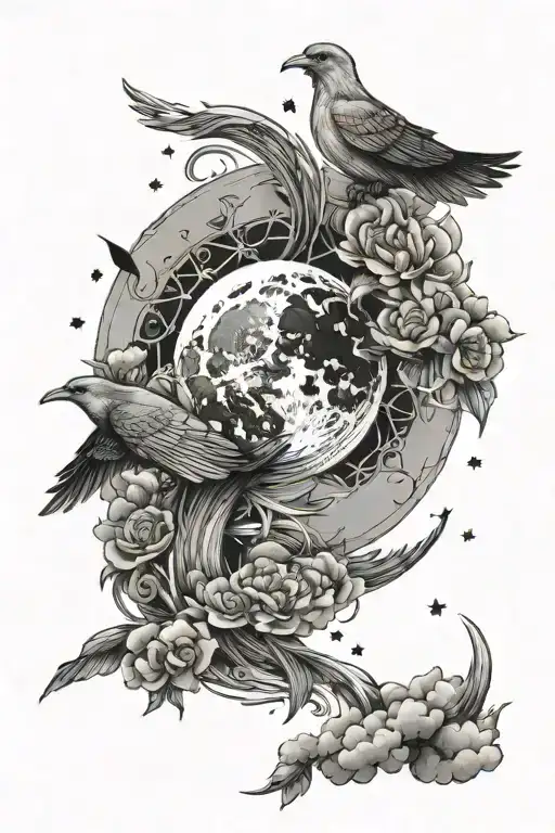 Fire with moon and stars blending together with and Cloud with sun and birds  tattoo design idea