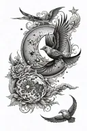 Fire with moon and stars blending together with and Cloud with sun and birds  tattoo design idea
