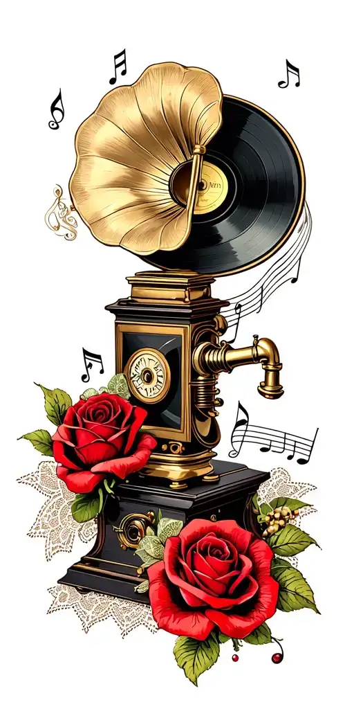 vintage microhone and gramophone record player with music notes, red rosees, lace, and beads intertwined throughout.   tattoo design idea