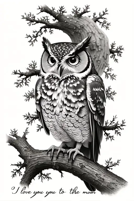 "I love you to the moon" screech owl surrounded by trees swaying tattoo design idea