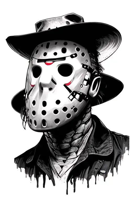   freddy krueger holding Jason voorhees’s mask infront of his face in at side profile realism tattoo design idea