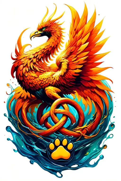 Phoenix rising from an abstract liquid Irish knot with three knots and a small paw print tattoo design idea