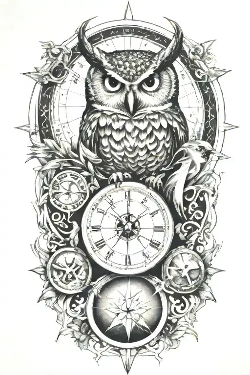 earth, moon, compass, time, owl, phoenix tattoo design idea