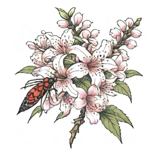 red spider lillie's intertwined with pink cherry blossoms tattoo design idea