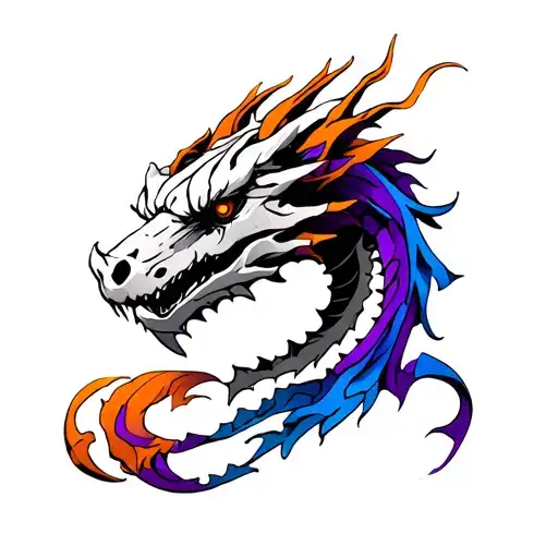 Create a full sleeve tattoo starting at the shoulder using purple, blue and orange colours. I want a bone dragon head br tattoo design idea
