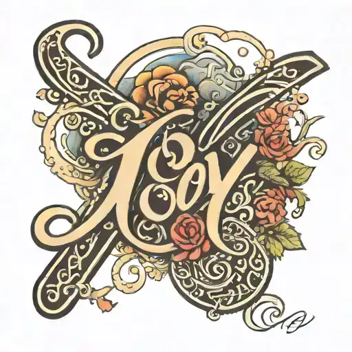 the word "joy" written in cursive with a semi colon on the letter o and a cross on the end of the y  tattoo design idea