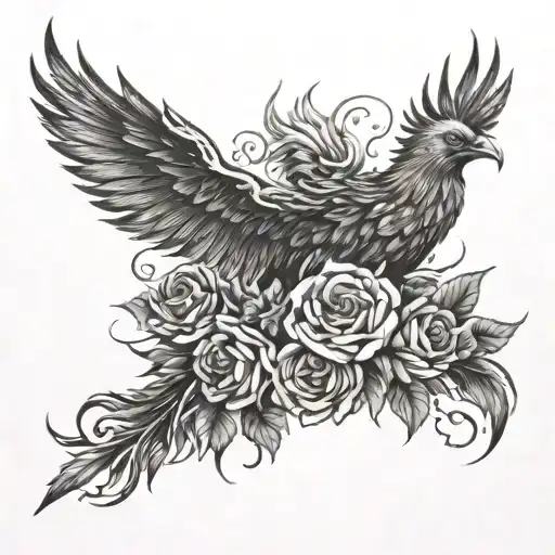 phoenix, flames, roses, negative space tattoo design idea