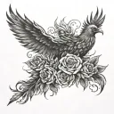 phoenix, flames, roses, negative space tattoo design idea