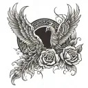 phoenix, flames, roses, negative space tattoo design idea