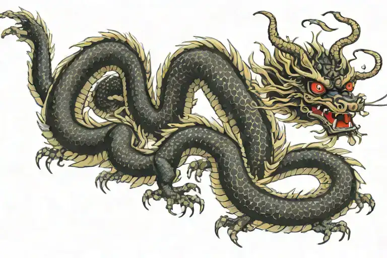 black Japan dragon with long body and realistic eyes without wings tattoo design idea