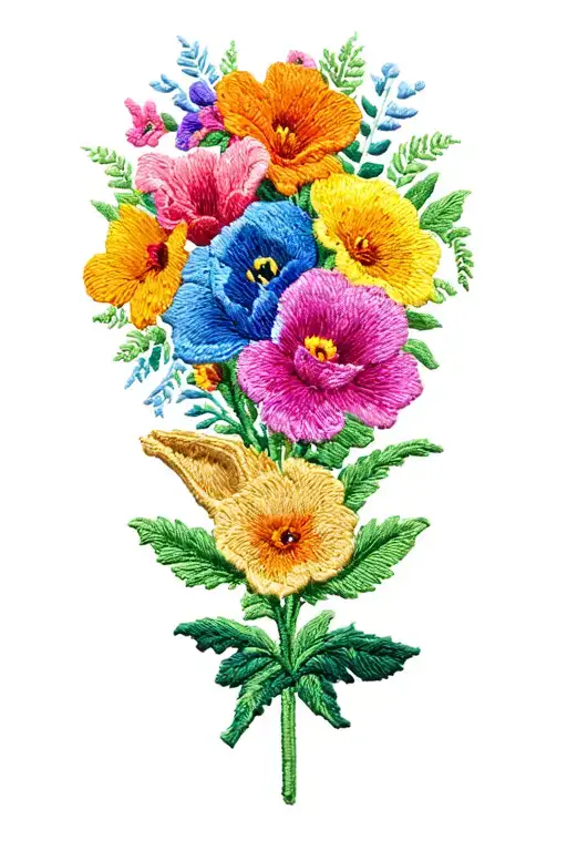 embroidered style. cera from the land before time movie with the birth flowers of January, February, July and November  tattoo design idea