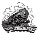 train driving on track with smoke blowing out exhaust. the words "LONG LIVE TRAIN" rest on the tracks.  tattoo design idea