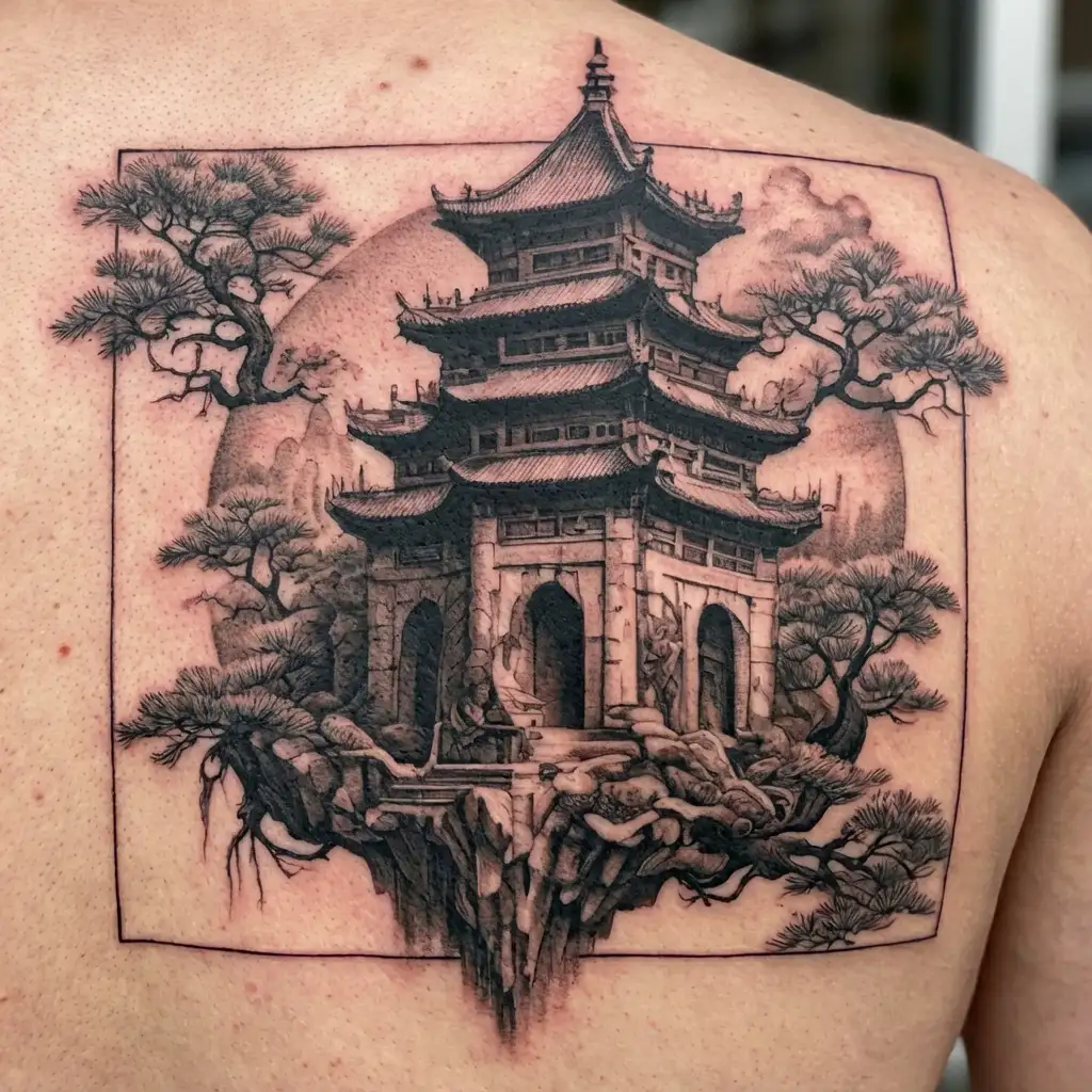 chinese tower castle tattoo design idea