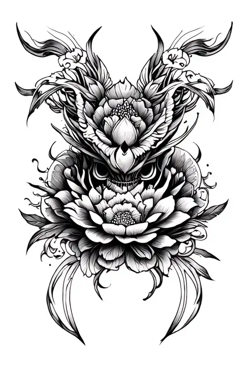 Black and white tattoo design, neo-Japanese style, intricate linework, bold shading, high contrast, detailed engraving s tattoo design idea