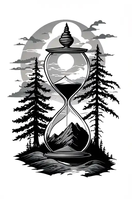 hourglass with sun mountain and trees tattoo design idea
