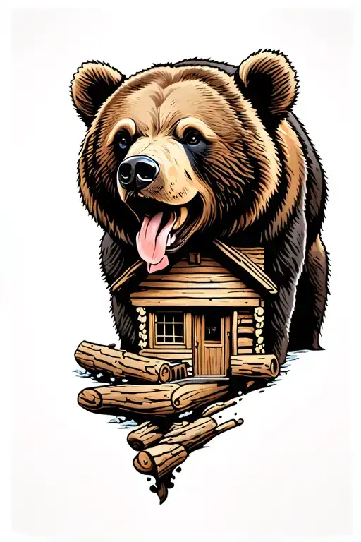 bear and log cabin surrounded tattoo design idea