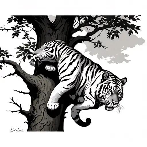 tiger climbing a tree tattoo design idea