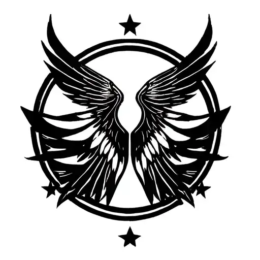 A circle (0) like a gate. Within or in front of it a black wing. 5 small stars (or 5 point strokes) around it. Gram tattoo design idea