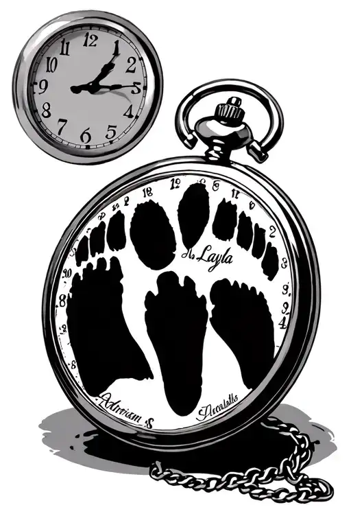 pocket watch   family silhouette  with. foot prints  son and daughter , with names Adrian, Layla  tattoo design idea