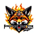 "Fenix Defense Tech" Fox wearing firefighter gear, surrounded by flames tattoo design idea