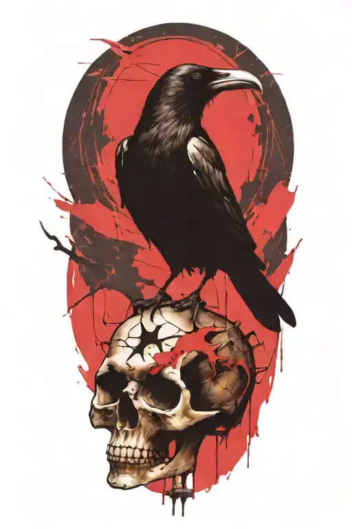 Raven perched on skull tattoo design idea