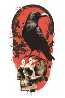 Raven perched on skull tattoo design idea