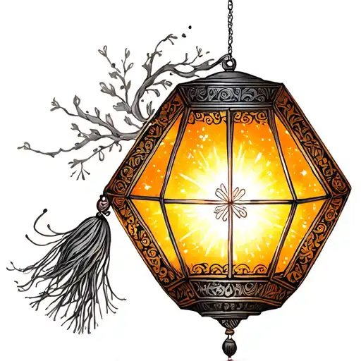 Korean style tattoo of lantern hexagon with glowing light inside with delicate tassel and sparkles tattoo design idea