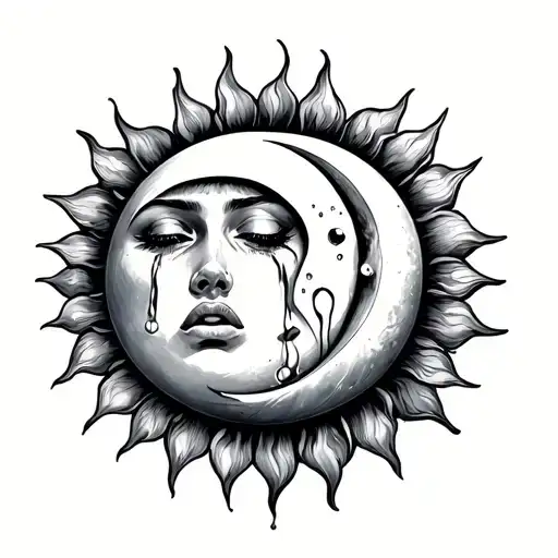 Sun crying tears with moon hugging sun tattoo design idea