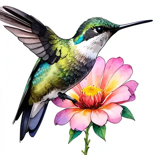 watercolor hummingbird foraging on a flower tattoo design idea