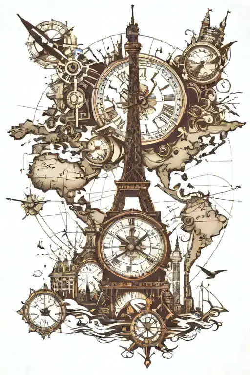 world map, compass, eiffel tower, dubai tower skyline, clock, compass, watchmaking, punk tattoo design idea
