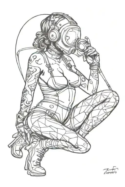 sexy pin up donning welding mask and lingerie, big, round ass,  over on her knees using torch, she's very fit. not weird tattoo design idea